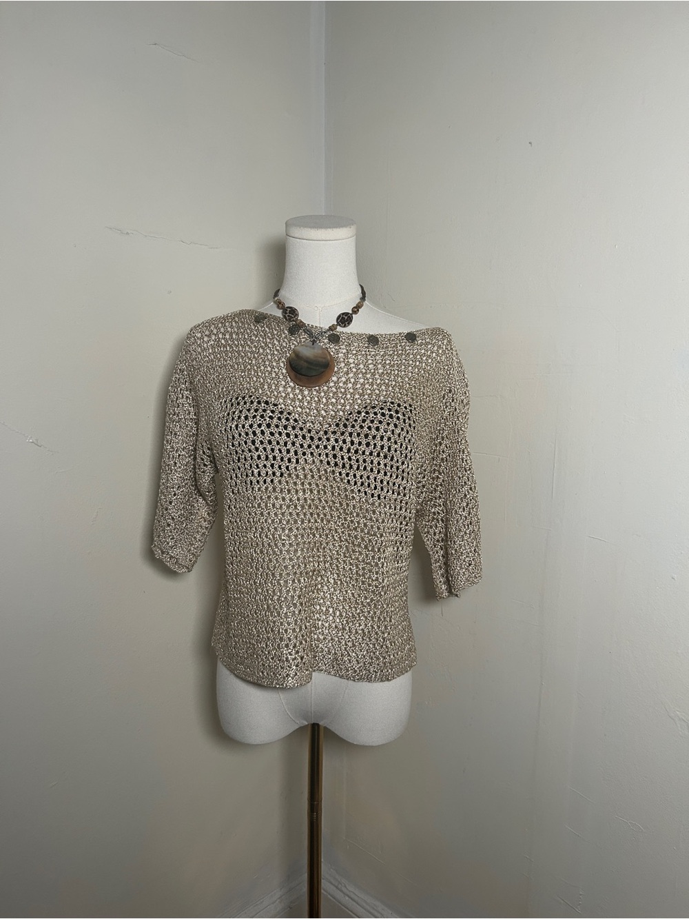 Beige Sparkly Open-Weave Knit Top